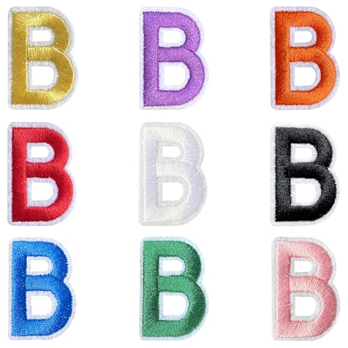 Jongdari Buchstaben zum Aufbügeln für Kleidung, 9 Stück, 3,8 cm, Stickerei, Alphabet, Buchstaben, Applikation für Hemden, Jacken, Hüte, Jeans, Schuhe (Mehrfarbig, B) von Jongdari