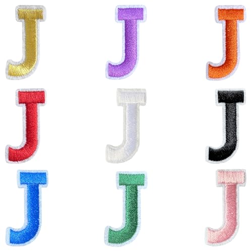 Jongdari Buchstaben zum Aufbügeln für Kleidung, 9 Stück, 3,8 cm, Stickerei, Alphabet, Buchstaben, Applikation für Hemden, Jacken, Hüte, Jeans, Schuhe (Mehrfarbig, J) von Jongdari