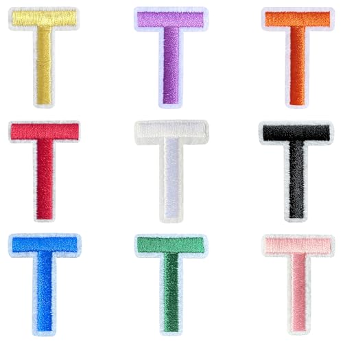 Jongdari Buchstaben zum Aufbügeln für Kleidung, 9 Stück, 3,8 cm, Stickerei, Alphabet, Buchstaben, Applikation für Hemden, Jacken, Hüte, Jeans, Schuhe (Mehrfarbig, T) von Jongdari