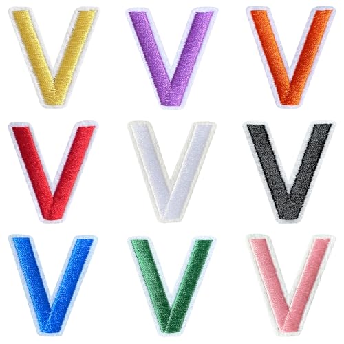 Jongdari Buchstaben zum Aufbügeln für Kleidung, 9 Stück, 3,8 cm, Stickerei, Alphabet, Buchstaben, Applikation für Hemden, Jacken, Hüte, Jeans, Schuhe (Mehrfarbig, V) von Jongdari