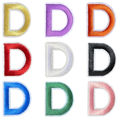 Jongdari Buchstaben zum Aufbügeln für Kleidung, 9 Stück, 3,8 cm, Stickerei, Alphabet, Buchstaben, Applikation für Hemden, Jacken, Hüte, Jeans, Schuhe (mehrfarbig, D) von Jongdari