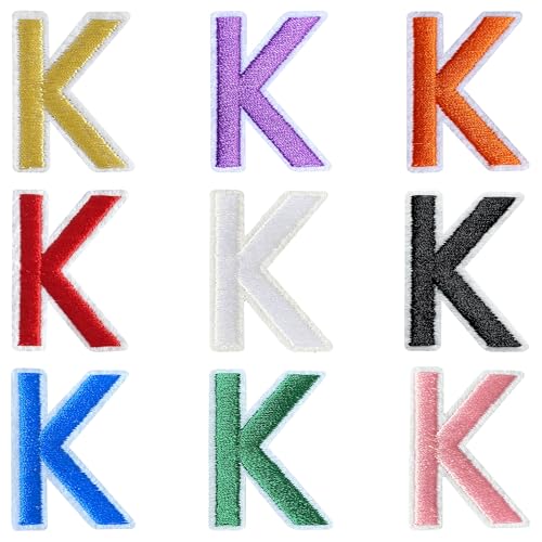 Jongdari Buchstaben zum Aufbügeln für Kleidung, 9 Stück, 3,8 cm, Stickerei, Alphabet, Buchstaben, Applikation für Hemden, Jacken, Hüte, Jeans, Schuhe (mehrfarbig, K) von Jongdari
