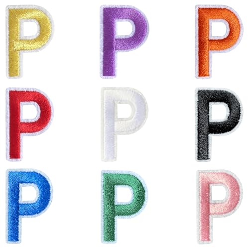Jongdari Buchstaben zum Aufbügeln für Kleidung, 9 Stück, 3,8 cm, Stickerei, Alphabet, Buchstaben, Applikation für Hemden, Jacken, Hüte, Jeans, Schuhe (mehrfarbig, P) von Jongdari