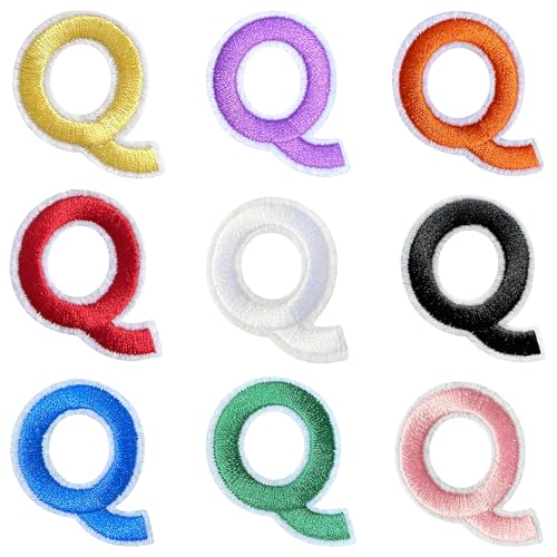 Jongdari Buchstaben zum Aufbügeln für Kleidung, 9 Stück, 3,8 cm, Stickerei, Alphabet, Buchstaben, Applikation für Hemden, Jacken, Hüte, Jeans, Schuhe (mehrfarbig, Q) von Jongdari