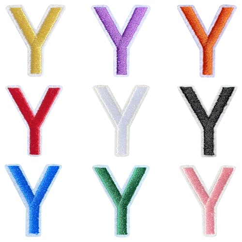 Jongdari Buchstaben zum Aufbügeln für Kleidung, 9 Stück, 3,8 cm, Stickerei, Alphabet, Buchstaben, Applikation für Hemden, Jacken, Hüte, Jeans, Schuhe (mehrfarbig, Y) von Jongdari