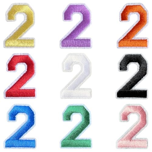 Jongdari Zahlen zum Aufbügeln für Kleidung, 9 Stück, 3,8 cm, Stickerei-Aufnäher, Applikation für Hemden, Jacken, Hüte, Jeans, Schuhe (mehrfarbig, 2) von Jongdari