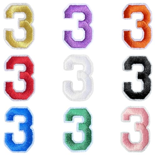 Jongdari Zahlen zum Aufbügeln für Kleidung, 9 Stück, 3,8 cm, Stickerei-Aufnäher, Applikation für Hemden, Jacken, Hüte, Jeans, Schuhe (mehrfarbig, 3) von Jongdari