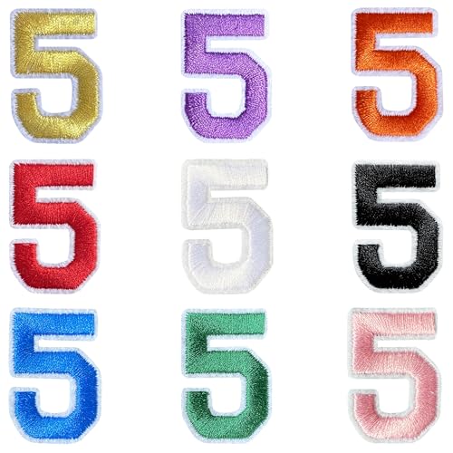 Jongdari Zahlen zum Aufbügeln für Kleidung, 9 Stück, 3,8 cm, Stickerei-Aufnäher, Applikation für Hemden, Jacken, Hüte, Jeans, Schuhe (mehrfarbig, 5) von Jongdari