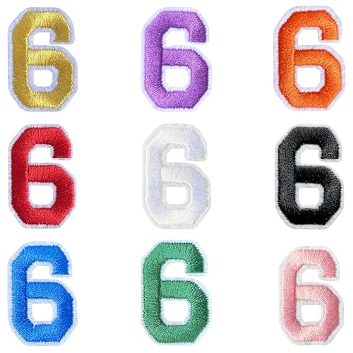 Jongdari Zahlen zum Aufbügeln für Kleidung, 9 Stück, 3,8 cm, Stickerei-Aufnäher, Applikation für Hemden, Jacken, Hüte, Jeans, Schuhe (mehrfarbig, 6) von Jongdari