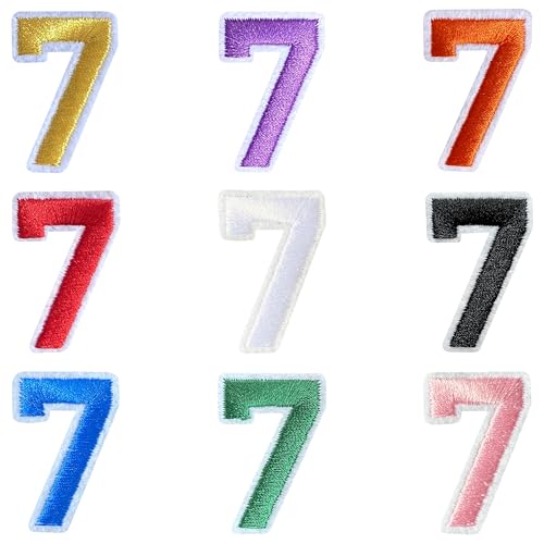 Jongdari Zahlen zum Aufbügeln für Kleidung, 9 Stück, 3,8 cm, Stickerei-Aufnäher, Applikation für Hemden, Jacken, Hüte, Jeans, Schuhe (mehrfarbig, 7) von Jongdari
