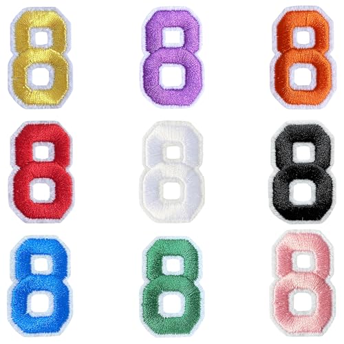 Jongdari Zahlen zum Aufbügeln für Kleidung, 9 Stück, 3,8 cm, Stickerei-Aufnäher, Applikation für Hemden, Jacken, Hüte, Jeans, Schuhe (mehrfarbig, 8) von Jongdari