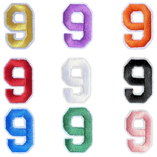 Jongdari Zahlen zum Aufbügeln für Kleidung, 9 Stück, 3,8 cm, Stickerei-Aufnäher, Applikation für Hemden, Jacken, Hüte, Jeans, Schuhe (mehrfarbig, 9) von Jongdari