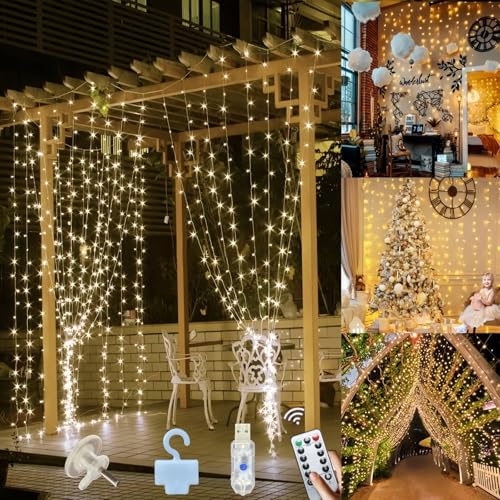 Jonurphy Lichtervorhang,3x3M 300 LEDs USB Lichterkette Vorhang 8 Modi mit 10 Haken Fernbedienung und Timer,Lichterkette Gardine für Weihnachten Wand Zimmer Schlafzimmer Innen Außen Deko von Jonurphy