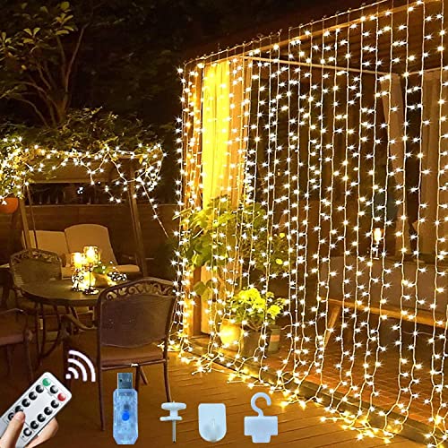 Jonurphy Lichtervorhang,Upgrade 3x3M 300 LEDs USB Lichterkette Vorhang 8 Modi mit 10 Haken Fernbedienung und Timer,Lichterkette Gardine für Weihnachten Wand Zimmer Schlafzimmer Innen Außen Deko von Jonurphy