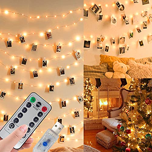 Jonurphy LED Fotoclips Lichterkette für Zimmer Deko,USB Oder Batterie Betrieben,10M 100LED Fotolichterkette mit Fernbedienung,8 Modi 50 Foto Clips für Wohnzimmer,Weihnachten,Hochzeiten von Jonurphy