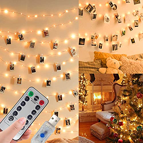 Jonurphy LED Fotoclips Lichterkette für Zimmer Deko,USB Oder Batterie Betrieben,10M 100LED Fotolichterkette mit Fernbedienung,8 Modi 50 Foto Clips für Wohnzimmer,Weihnachten,Hochzeiten von Jonurphy