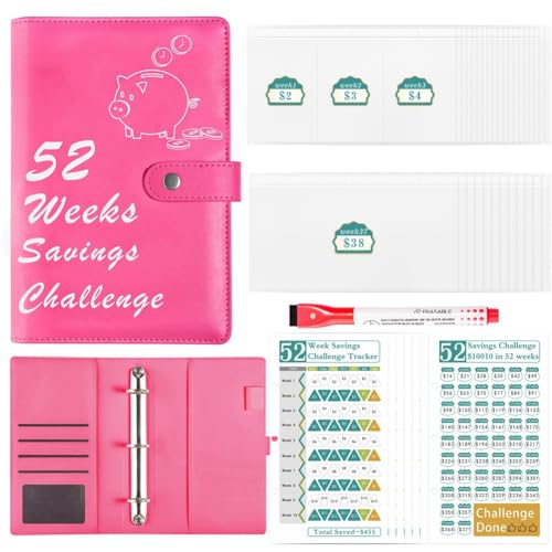 Jooehyer 52-Wöchiger Geldspar-Challenge-Ordner mit -Challenge-Buch, Geldumschlägen für Budgetplaner, Finanzielles PU-Challenge-Buch, Rosenrot von Jooehyer