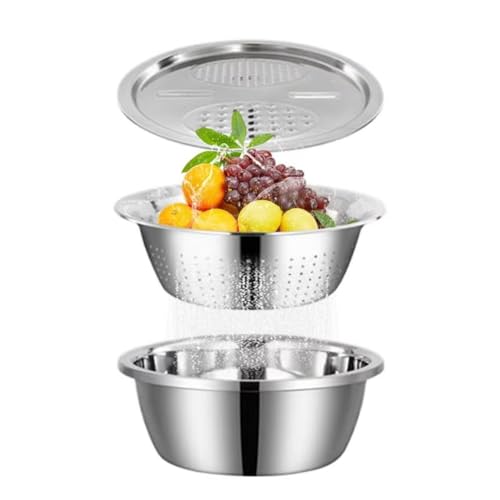 Jooehyer Multifunktionaler Edelstahl-Becken Gemüseschneider Reibe Abtropfkorb Salat Reiswascher Abtropfsieb von Jooehyer