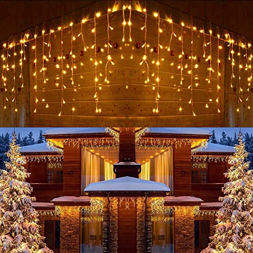 Joomer Eisregen Lichterkette Außen Warmweiß, 12M 400LED Eiszapfen Weihnachten Lichterkette Strom Timer, 8 Modi Weihnachtsbeleuchtung Lichtervorhang Aussen für Garten Party Innen Balkon Deko von Joomer