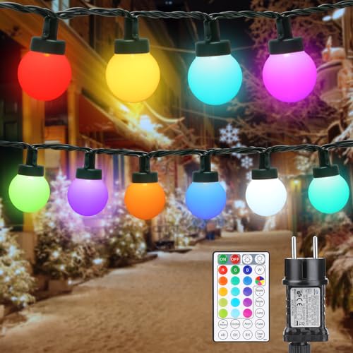 Joomer Kugel Lichterkette Außen Bunt 30 LED, 6M RGB Globen Lichterkette Outdoor Strom mit Fernbedienung, Timer und Dimmbar, G35 Glühbirnen Farbwechsel Lichter für Innen Weihnachten Garten Party Deko von Joomer