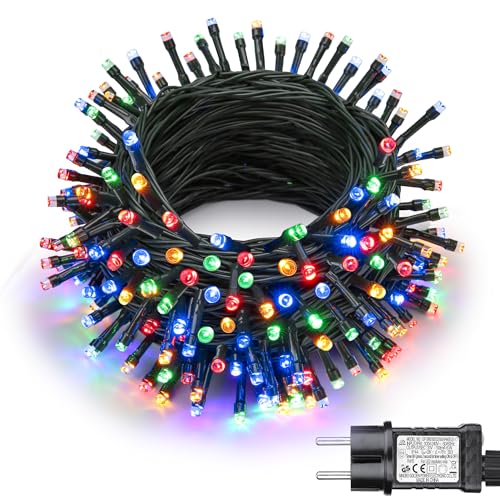 Joomer Lichterkette Außen 100 LED, 10M Weihnachtsbaum Lichterkette Strombetrieben mit Timer, 8 Modi Wasserdicht Weihnachtsbeleuchtung Innen Grünes Kabel für Outdoor Party Garten Hochzeit Deko, Bunt von Joomer