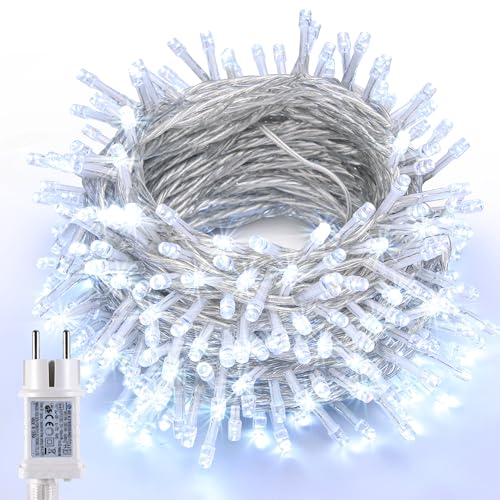 Joomer Lichterkette Außen 100 LED, 10M Weihnachtsbaum Lichterkette Strombetrieben mit Timer, 8 Modi Wasserdicht Weihnachtsbeleuchtung Innen Transparent Kabel für Outdoor Party Garten Hochzeit, Weiß von Joomer