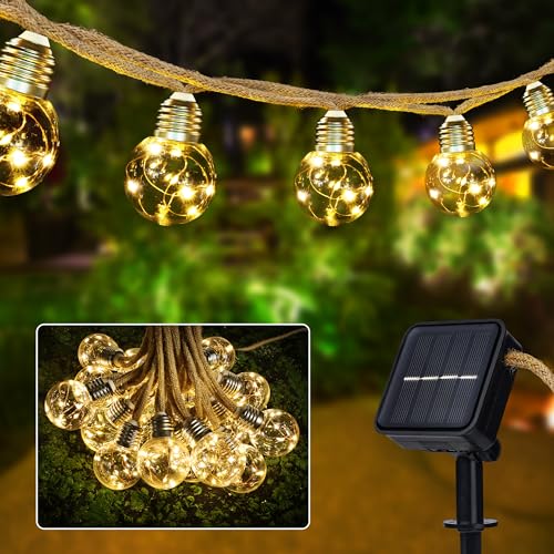 Joomer Solar Lichterkette Aussen mit 20 Glühbirnen, 5.7M G50 LED Lichterkette Außen Solar Wetterfest 8 Modi Vintage Hanfseil Outdoor Lichterkette Warmweiß für Garten Party Hochzeit Pavilion Balkon von Joomer