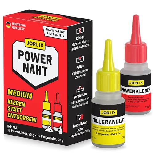 JORLIX POWERNAHT® – XL Schweißnaht Kleber Set mit 20 g Kleber & 30 g Füllgranulat | 2K Sekundenkleber Extra stark für Kunststoff, Metall, Keramik, Holz | Deutsche Marke – wasserfest & hitzebeständig von Jorlix