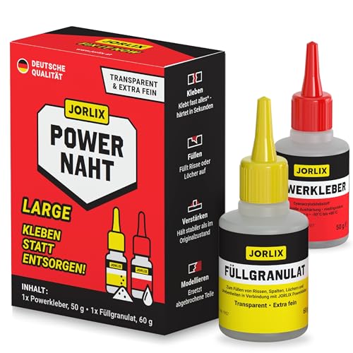 JORLIX POWERNAHT® – XXL Schweißnaht Kleber Set mit 20 g Kleber & 30 g Füllgranulat | 2K Sekundenkleber Extra stark für Kunststoff, Metall, Keramik, Holz | Deutsche Marke – wasserfest & hitzebeständig von Jorlix