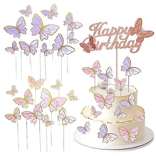 21 Stück Schmetterlinge Tortendeko, Schmetterlinge Kuchen Deko, Schmetterlinge Deko Torte Cake Topper, Mädchen Happy Birthday Deko Dekoration für Geburtstag Mädchen Geburtstagsfeier Dekoration von Jormftte