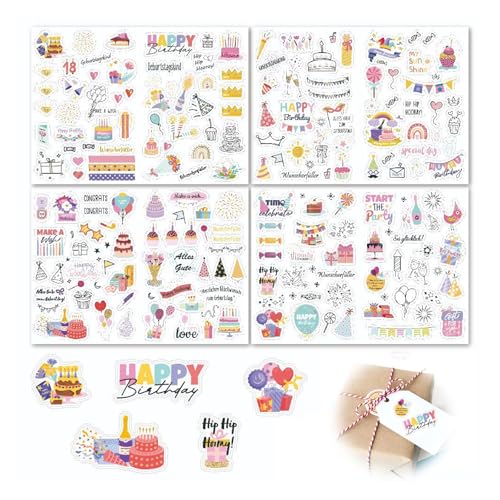 4 Blätter Sticker Geburtstag Set, Selbstklebende Aufkleber Geburtstag, Party-Deko für Erwachsene & Kinder, Sticker Geburtstag für Gästebuch Party Dekoration, DIY Karten, Fotoalbum (Rosa) von Jormftte