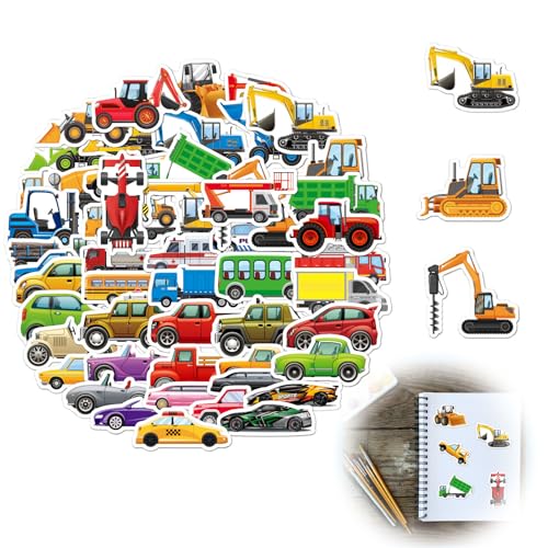 50 Stück Auto Sticker,Jungen Mädchen Baufahrzeug Auto Aufkleber,Kinder Selbstklebend Sticker Set für Laptop Skateboard Scrapbook Koffer Helm Fahrrad Handy von Jormftte