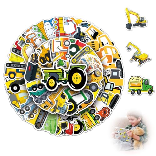 50 Stück Bagger Sticker Set, Traktor Aufkleber Baustelle, PVC Sticker Jungen Mädchen Baufahrzeug LKW Auto Traktor Aufkleber für Laptop, Koffer, Skateboard, Handy, Auto von Jormftte