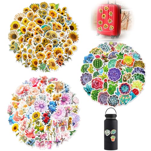 Blumen und Pflanzen Sticker Set, 150 Stück Sonnenblumen Aufkleber Set, Schöne Sukkulenten und Blumen Aufkleber Set für Auto Laptop Skateboard Fahrrad Moped Motorrad Fahrrad Computer von Jormftte