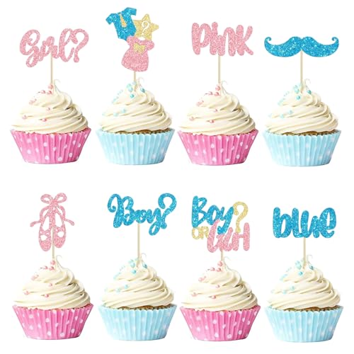 Cupcake-Topper für Jungen oder Mädchen, für Babypartys, glitzernde Schnurrbart, Wimpern, Cupcake-Dekoration für Kindergeburtstag, Geschlechtsoffenbarung, Party-Kuchendekorationen, Rosa oder Blau, 24 Cupcake-Topper für Jungen oder Mädchen, für Babypartys, glitzernde Schnurrbart, Wimpern, Cupcake-Dekoration für Kindergeburtstag, Geschlechtsoffenbarung, Party-Kuchendekorationen, Rosa oder Blau, 24 von Jormftte
