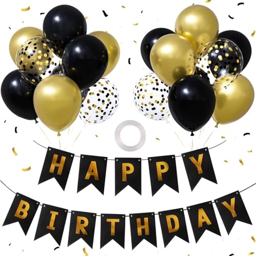 Happy Birthday Banner, Schwarz Gold Geburtstagsdekoration, 30 Stück 12 Zoll Happy Birthday Luftballons mit 1 Bändern für Happy Birthday Dekorationen für Männer, Jungen, Frauen und Mädchen Happy Birthday Banner, Schwarz Gold Geburtstagsdekoration, 30 Stück 12 Zoll Happy Birthday Luftballons mit 1 Bändern für Happy Birthday Dekorationen für Männer, Jungen, Frauen und Mädchen von Jormftte