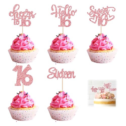 Kuchendekoration zum 16. Geburtstag, Roségold, glitzernd, Cupcake-Topper, Cupcake-Topper zum 16. Geburtstag, Cupcake-Aufsätze für 16. Geburtstag, Party-Kuchendekorationen, 20 Stück Kuchendekoration zum 16. Geburtstag, Roségold, glitzernd, Cupcake-Topper, Cupcake-Topper zum 16. Geburtstag, Cupcake-Aufsätze für 16. Geburtstag, Party-Kuchendekorationen, 20 Stück von Jormftte