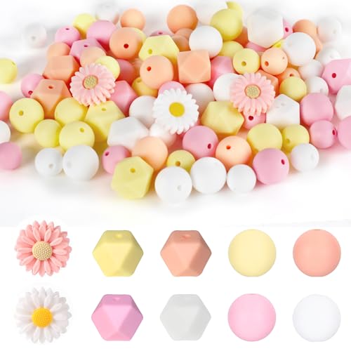 Jortmrd 100 Stück Blumenförmige Silikonperlen Bastelperlen Bulk Gänseblümchen Silikon Perlen Blumen für DIY Schlüsselanhänge Handwerk Schnullerkette von Jortmrd
