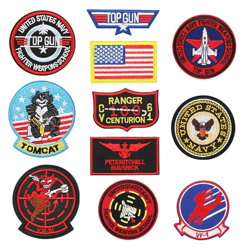 Jortmrd 11 Stück Patches zum Aufbügeln Top Gun Aufnäher zum Aufbügeln Flicken zum Aufbügeln USA Flagge Maverick Patches Bestickt Aufnäher Patches für Kleidung Jacke Jeans Cap für Kinder Erwachsene von Jortmrd