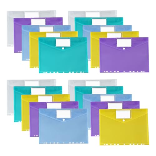 Jortmrd 20 Stück Dokumentenmappe A4 zum Abheften, 5 Farben Dokumententasche A4 mit 11 Lochrand Druckknopf und Etikettentasche - Wasserdicht Transparent Sammelmappen für Dokumente Organisieren von Jortmrd