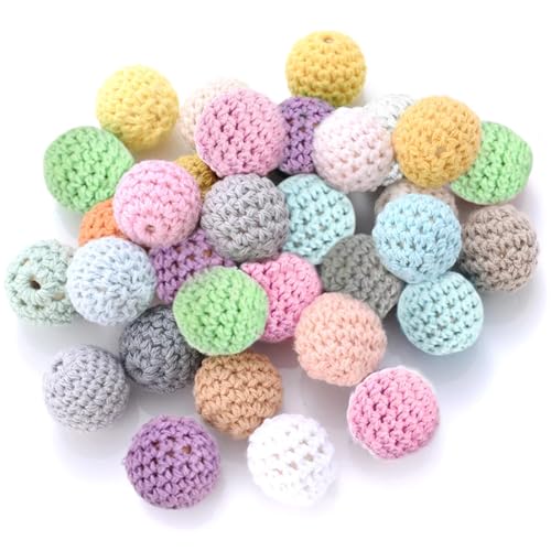 Jortmrd 28 Stück Häkelperlen 16mm Gehäkelt Holzperlen zum Auffädeln Bunte Garn Holzkugeln mit Fädellöchern Handgefertigt Crocheted Wooden Beads für DIY Halskette Armband Schmuck Basteln von Jortmrd