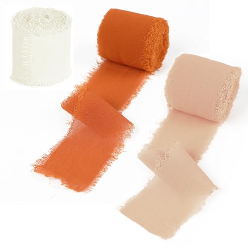 Jortmrd 3 Rollen Chiffonband Geschenkband Chiffon Schleifenband Hochzeit Seidenband Ausfransen Kanten Dekoband Set Stoffband Fransenband für DIY Geschenk Verpackung Brautsträuße (4cm x 5m) von Jortmrd