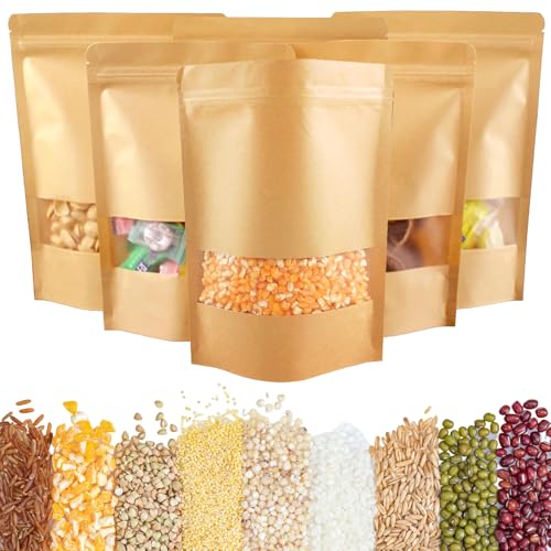 Jortmrd 50 Stück Teetüten Papiertüten mit Sichtfenster, 18x26cm Wiederverwendbar Standbodenbeutel Braun Kraftpapier Tüten mit Fenster für Nüsse, Kaffeebohnen, Teeblätter, Gewürze von Jortmrd