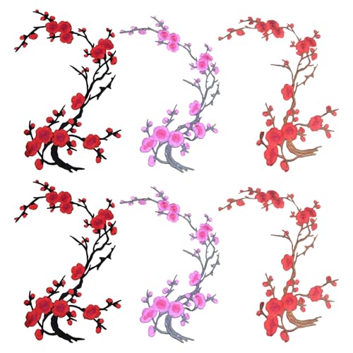 6pcs Kirschblütenflecken Eisen auf Blumen bestickte Flecken DIY Blumenapplikation für Kleidung, Jeans, Rucksäcke, Taschen 11 Zoll 6pcs Pflaumenblüte Applikat Dekorative. von Jorzer