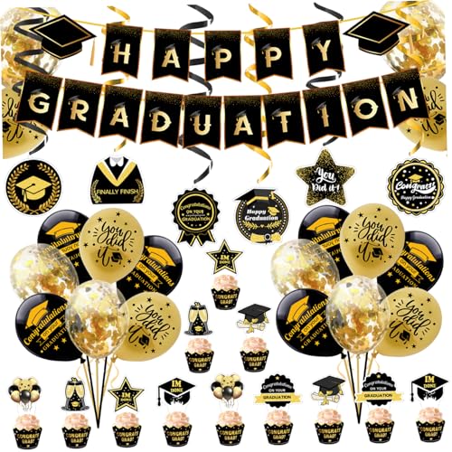 Abschlussdekorationen Klasse von 2024 Schwarz Gold Klasse von 2024 Dekorationen mit Banner Wirbel Luftballons Topper Karten High School College -Abschlussdekorationen 1 Set von Jorzer