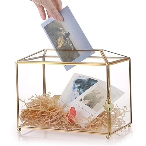 Jorzer Goldene Kartenbox mit Schloss und Schlitz 25, 4x15, 2x20, 3 cm durchsichtige Glaskartenbox mit rutschfesten Füßen für Hochzeitsempfänge Brautpartys Geburtstagspartys Kartenbox für Hochzeiten von Jorzer