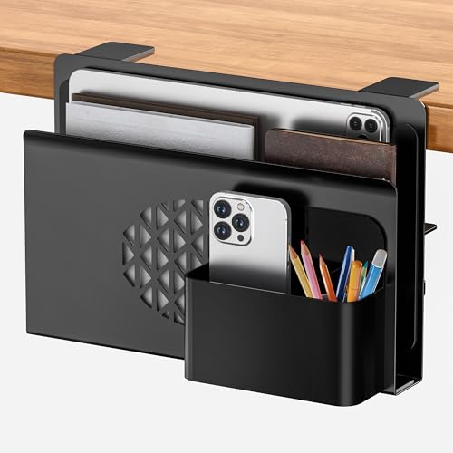 Josmimic Schreibtisch-Seitenaufbewahrung, Stahl-Seiten-Schreibtisch-Organizer, kein Bohren, Laptop-Halterung zum Klemmen mit Stifthalter, Tisch-Hängeaufbewahrung für Heimbüro, passend für flache Josmimic Schreibtisch-Seitenaufbewahrung, Stahl-Seiten-Schreibtisch-Organizer, kein Bohren, Laptop-Halterung zum Klemmen mit Stifthalter, Tisch-Hängeaufbewahrung für Heimbüro, passend für flache von Josmimic