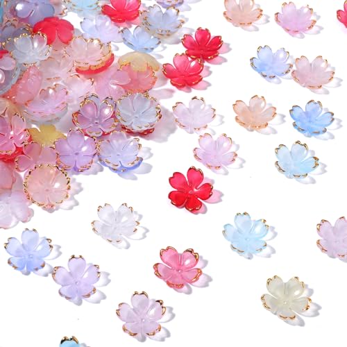200 Stück Kirschblütenperlen, 5-Petal Kirschblüten-Harz, Farbverlauf, Blumen-Abstandshalter, vergoldete Blumenperlen für Armband, Ohrringe, Halsketten, Handwerk mit Loch (verschiedene Farben) von Josojoou