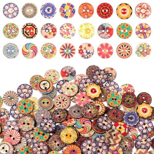 300 Stück Vintage-Holzknöpfe zum Basteln, verschiedene Blumenmuster, dekorative Knöpfe 1,5 cm, Doppelloch, rund, kleine Knöpfe für DIY, Basteln, Nähen, Stricken, Häkeln von Josojoou