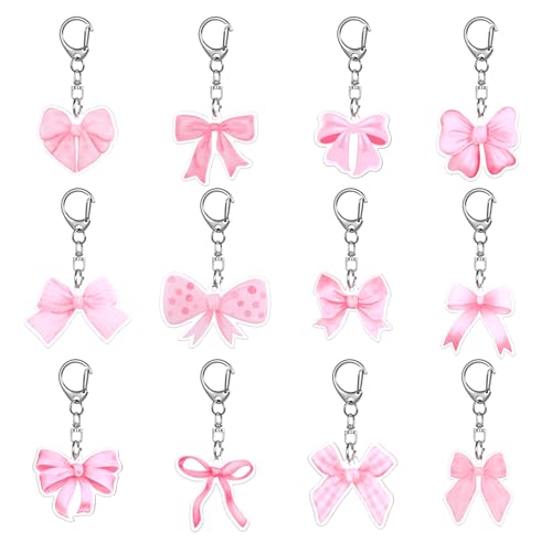 Josojoou 12 Stück rosa Schleifen-Acryl-Schlüsselanhänger für Party-Dekorationen, rosa Schleifen, Schlüsselanhänger, geeignet für Junggesellinnenabschiede, Geburtstagsfeiern, Babypartys, Frauengeschenk von Josojoou